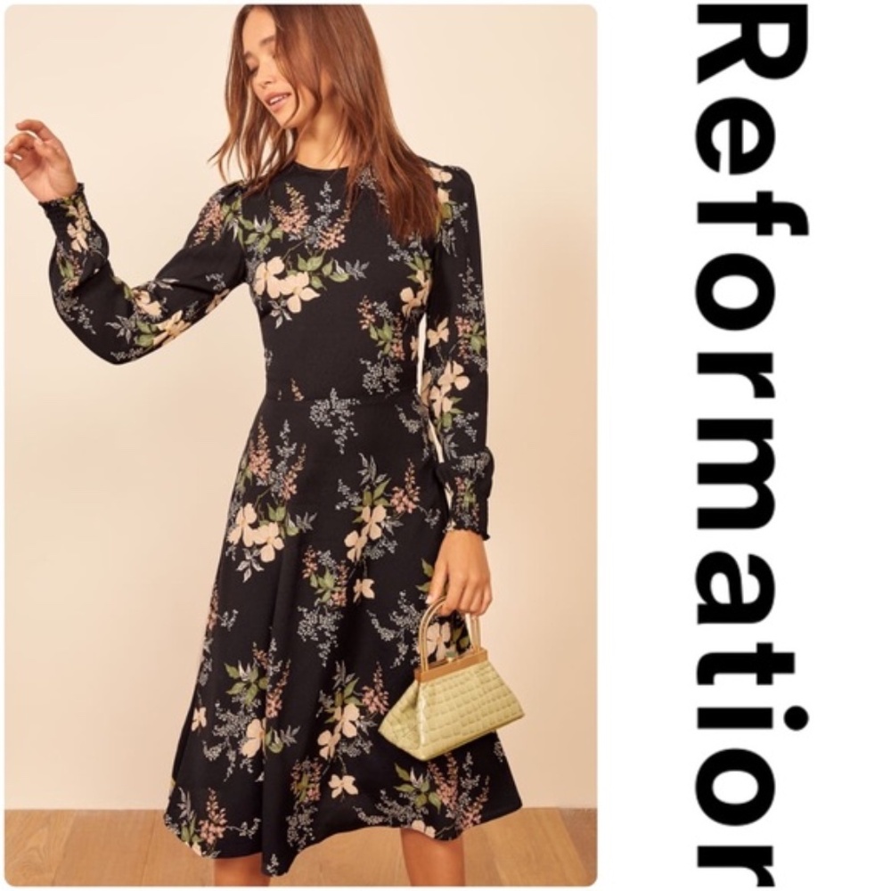 Long-sleeved Reformation Kellan Dress in Dark Floral Print